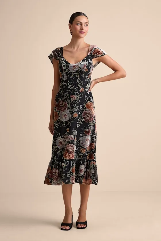 Composed Beauty Black Burnout Velvet Floral Midi Dress sold by Lulus product image thumbnail 2