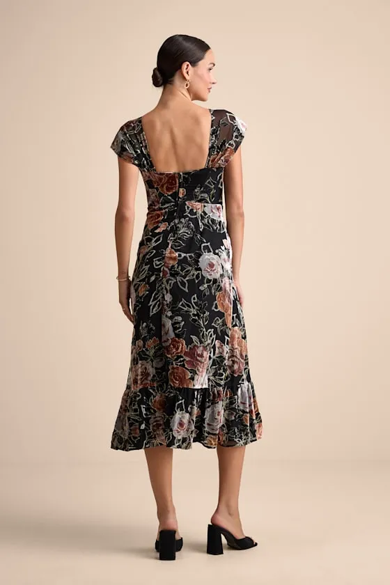 Composed Beauty Black Burnout Velvet Floral Midi Dress sold by Lulus product image thumbnail 4