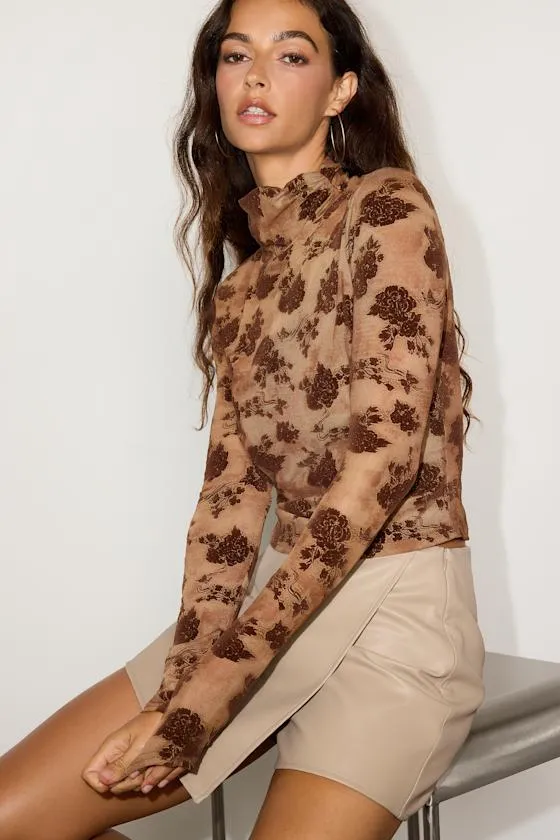 Kinley Tan Floral Mesh Mock Neck Long Sleeve Top sold by Lulus product image thumbnail 2