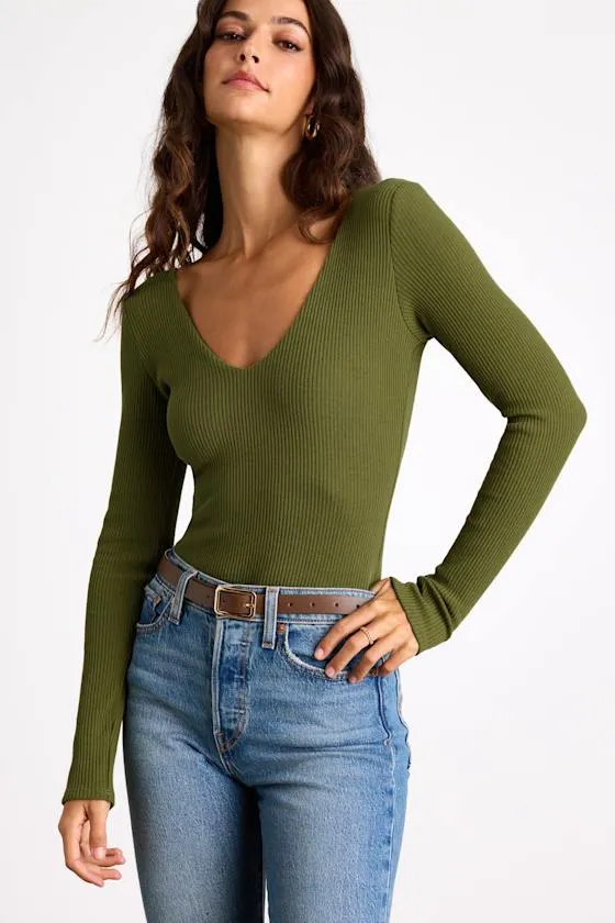 Easygoing Chic Olive Green Long Sleeve Bodysuit sold by Lulus