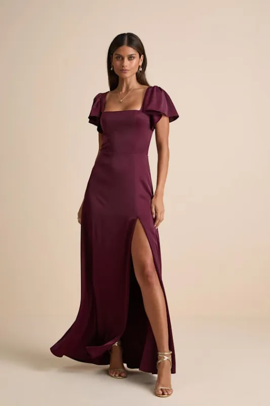 Ultimate Sweetness Plum Satin Flutter Sleeve Maxi Dress sold by Lulus