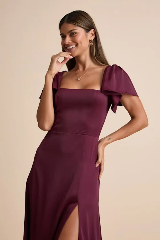 Ultimate Sweetness Plum Satin Flutter Sleeve Maxi Dress sold by Lulus product image thumbnail 2