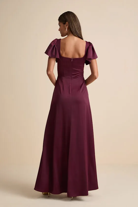 Ultimate Sweetness Plum Satin Flutter Sleeve Maxi Dress sold by Lulus product image thumbnail 3