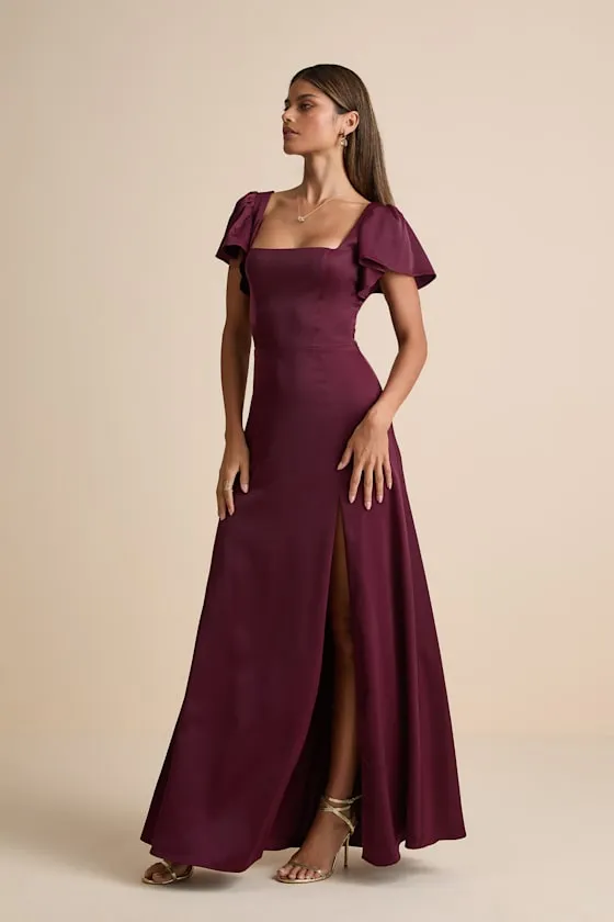 Ultimate Sweetness Plum Satin Flutter Sleeve Maxi Dress sold by Lulus product image thumbnail 4