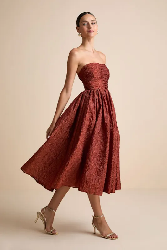 Analeia Rust Jacquard Lace-Up Strapless Midi Dress sold by Lulus