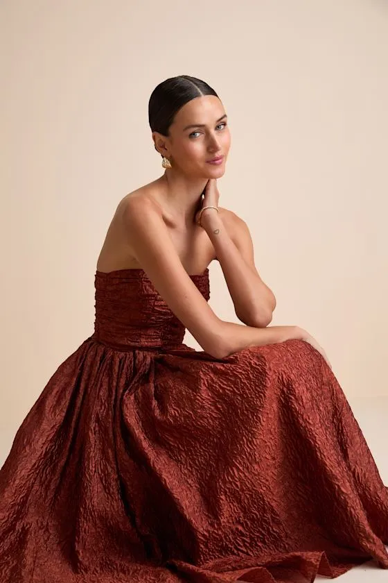 Analeia Rust Jacquard Lace-Up Strapless Midi Dress sold by Lulus product image thumbnail 2