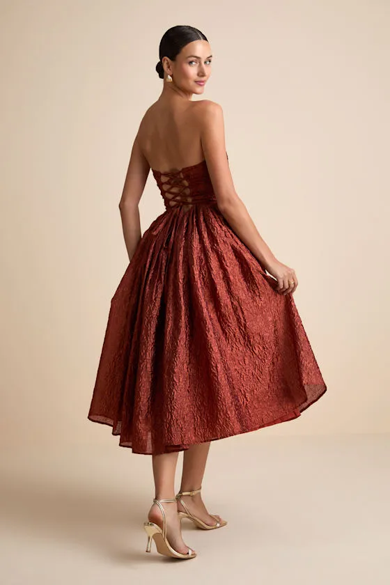 Analeia Rust Jacquard Lace-Up Strapless Midi Dress sold by Lulus product image thumbnail 3