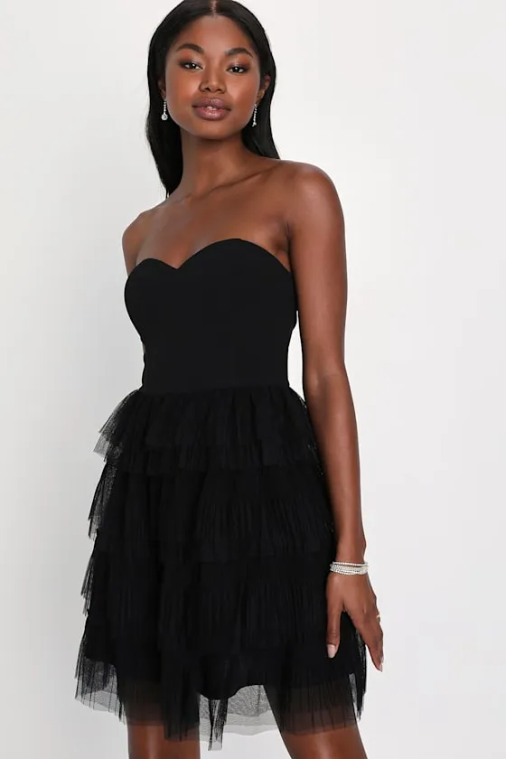 Fabulous Thoughts Black Tulle Strapless Tiered Mini Dress sold by Lulus