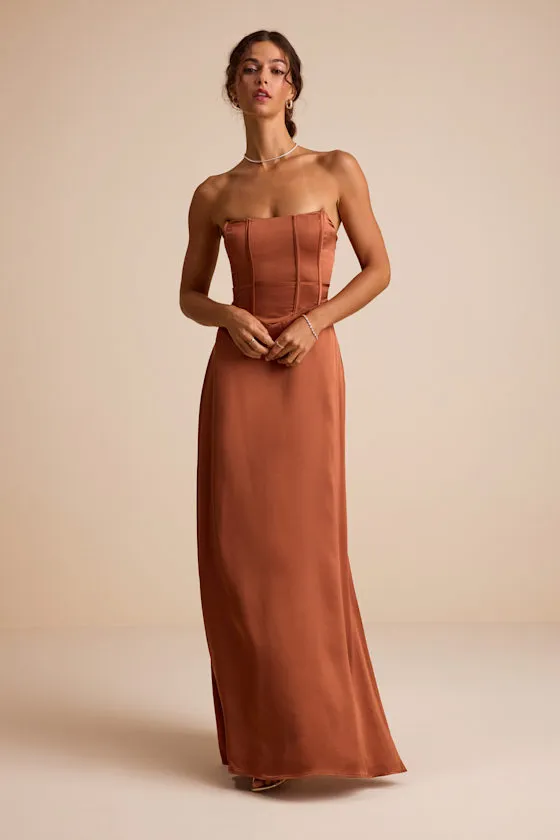Extraordinary Presence Rust Brown Satin Strapless Maxi Dress sold by Lulus