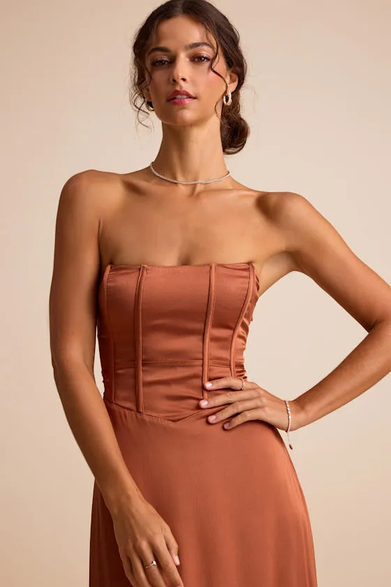 Extraordinary Presence Rust Brown Satin Strapless Maxi Dress sold by Lulus product image thumbnail 2