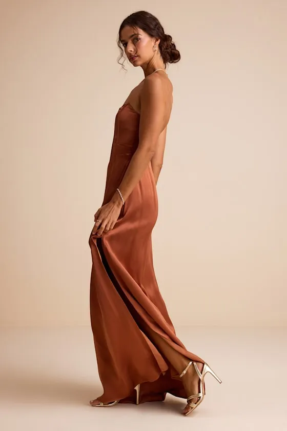 Extraordinary Presence Rust Brown Satin Strapless Maxi Dress sold by Lulus product image thumbnail 4