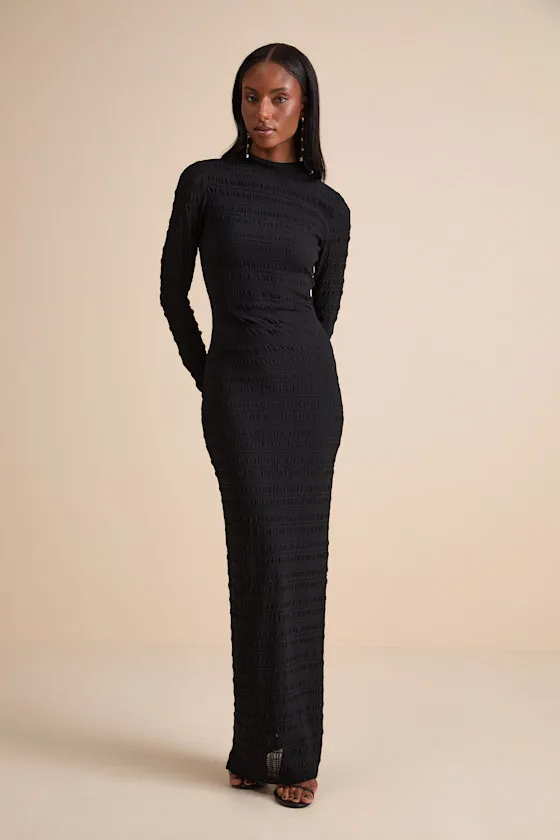 Trendsetting Design Black Textured Long Sleeve Maxi Dress sold by Lulus