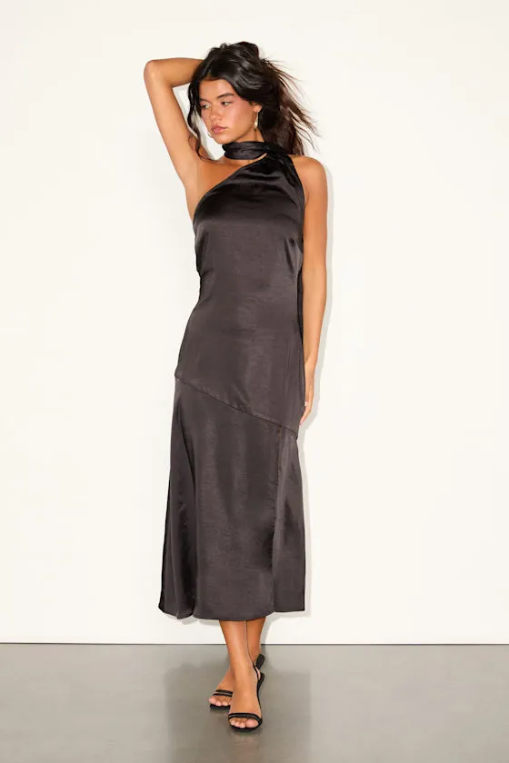 Reglan Black Satin One-Shoulder Sash Midi Dress sold by Lulus product image thumbnail 4