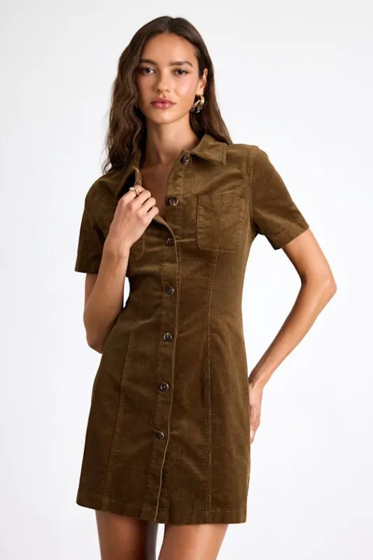 Rhienne Dark Olive Corduroy Button-Front Short Sleeve Mini Dress sold by Lulus