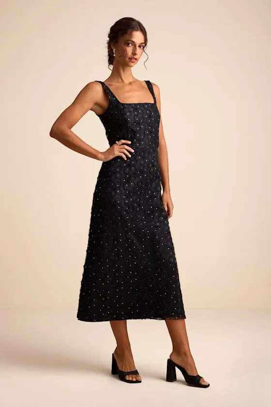 Sandrina Black Textured Sequin Square Neck Midi Dress sold by Lulus