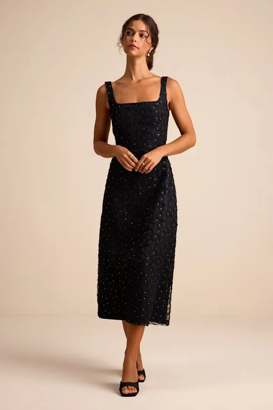Sandrina Black Textured Sequin Square Neck Midi Dress sold by Lulus product image thumbnail 4