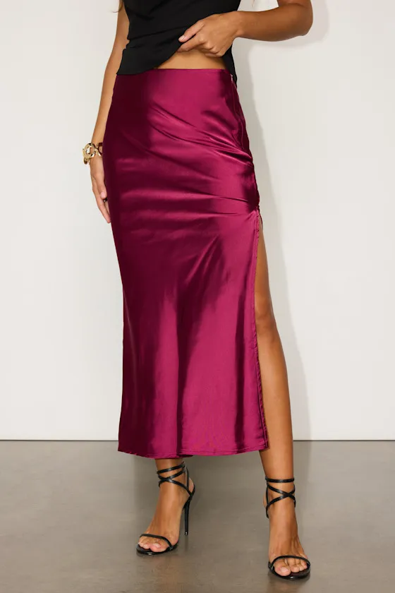 Chic Wishes Burgundy Satin Midi Skirt sold by Lulus product image thumbnail 2