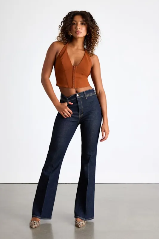 Sunset Dark Wash Denim High-Rise Flare Jeans sold by Lulus