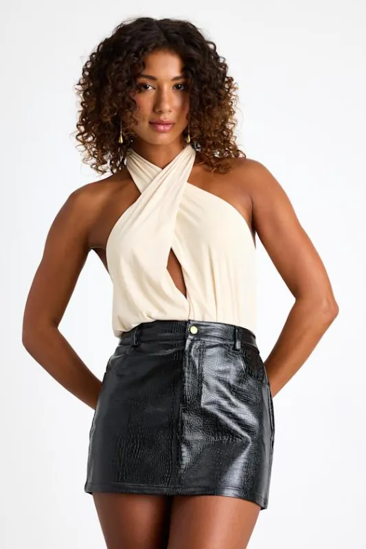 Jamison Cream Jersey Knit Cross-Front Halter Bodysuit sold by Lulus