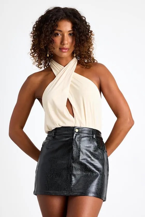 Jamison Cream Jersey Knit Cross-Front Halter Bodysuit sold by Lulus