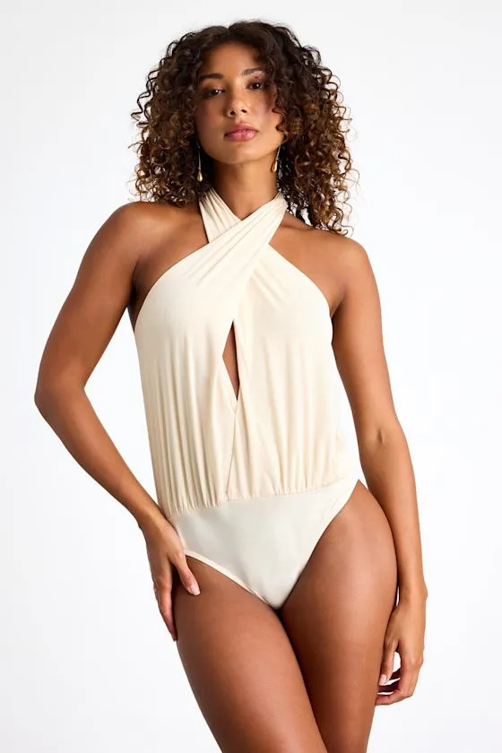 Jamison Cream Jersey Knit Cross-Front Halter Bodysuit sold by Lulus product image thumbnail 4