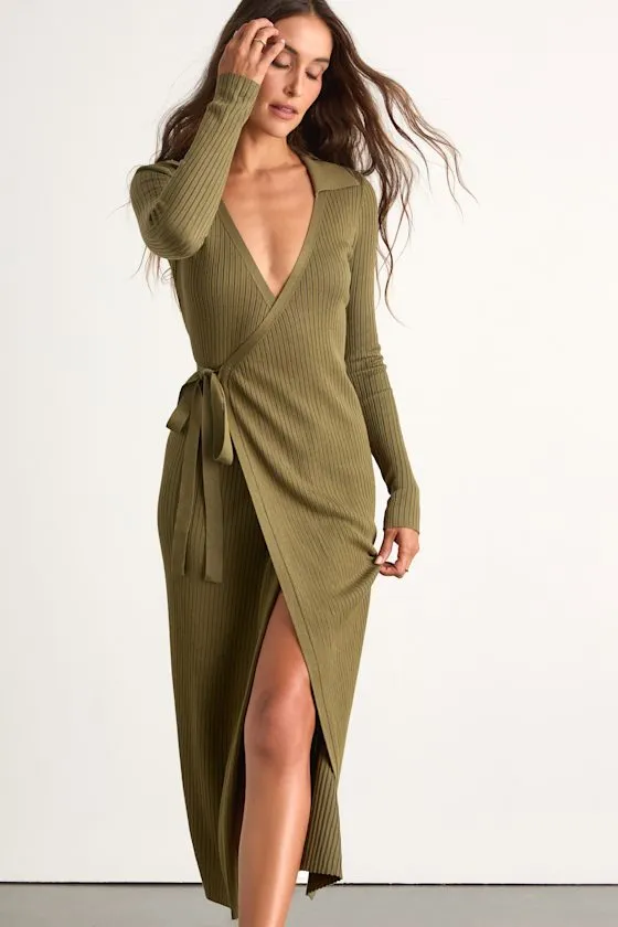 Neyla Olive Green Ribbed Sweater Wrap Midi Dress sold by Lulus