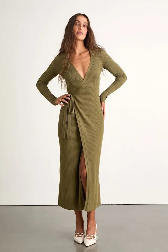Neyla Olive Green Ribbed Sweater Wrap Midi Dress sold by Lulus product image thumbnail 2