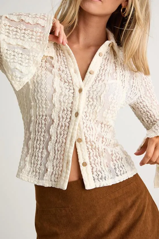 Malisa Cream Textured Lace Button-Front Long Sleeve Top sold by Lulus product image thumbnail 2