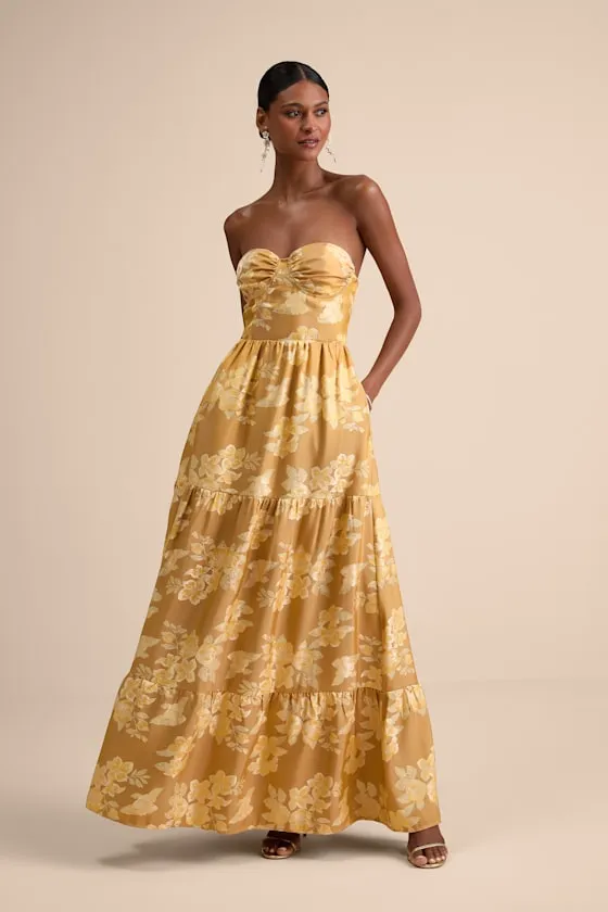 Petrina Golden Yellow Floral Jacquard Strapless Maxi Dress sold by Lulus