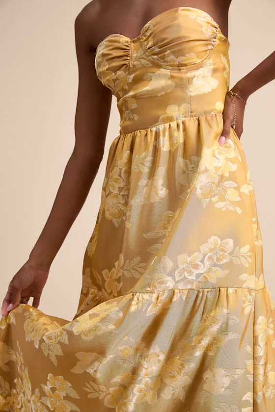Petrina Golden Yellow Floral Jacquard Strapless Maxi Dress sold by Lulus product image thumbnail 2