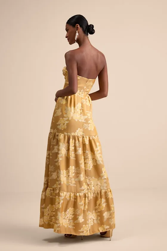 Petrina Golden Yellow Floral Jacquard Strapless Maxi Dress sold by Lulus product image thumbnail 3