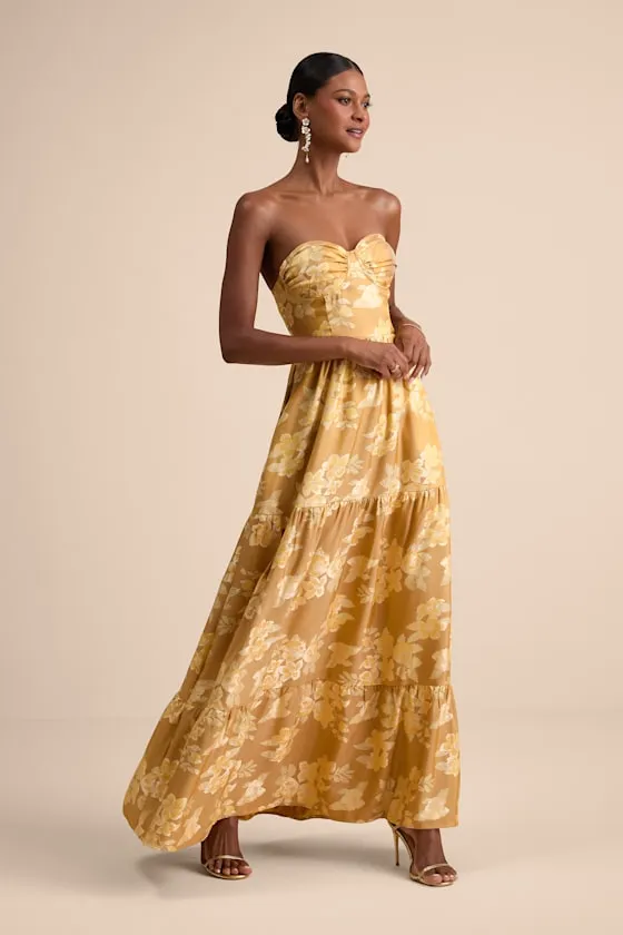 Petrina Golden Yellow Floral Jacquard Strapless Maxi Dress sold by Lulus product image thumbnail 4