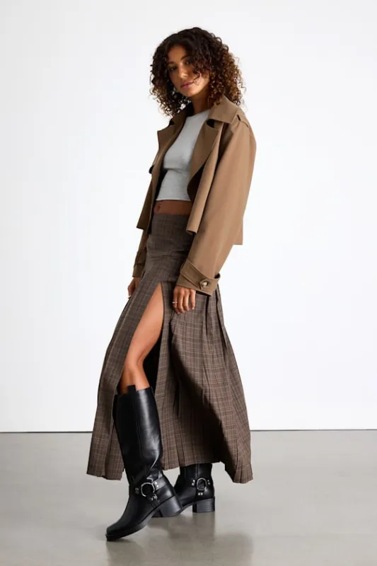 Vessa Brown Plaid High-Rise Pleated Maxi Skirt sold by Lulus