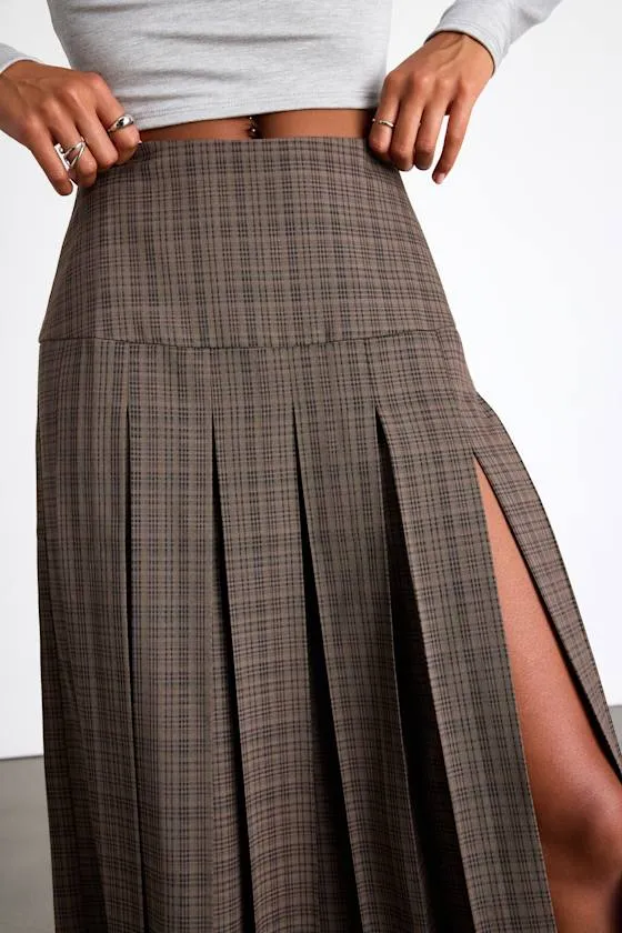 Vessa Brown Plaid High-Rise Pleated Maxi Skirt sold by Lulus product image thumbnail 2