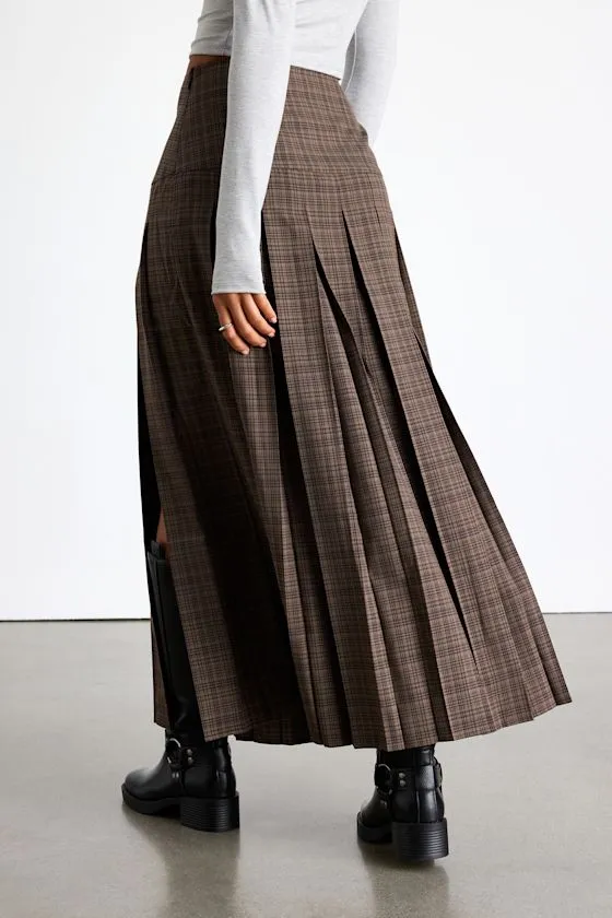 Vessa Brown Plaid High-Rise Pleated Maxi Skirt sold by Lulus product image thumbnail 3