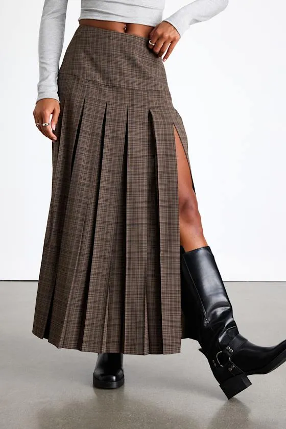 Vessa Brown Plaid High-Rise Pleated Maxi Skirt sold by Lulus product image thumbnail 4