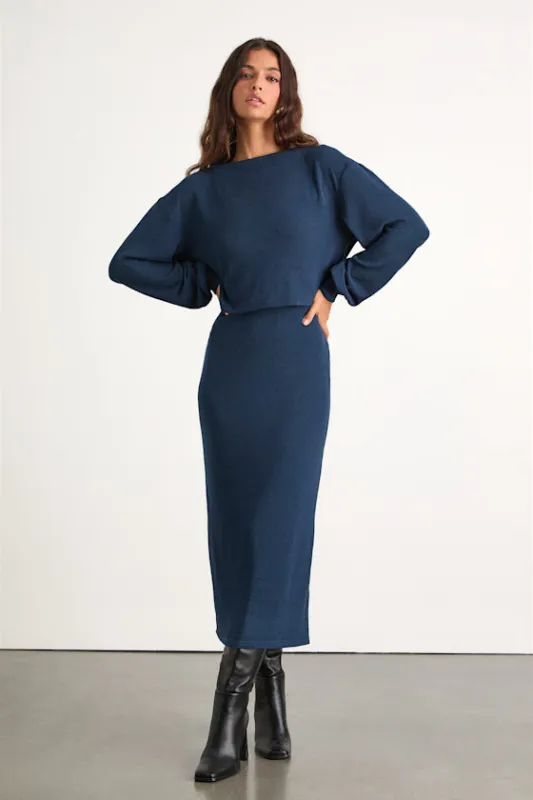 Marvelous Match Navy Knit Two-Piece Midi Dress & Sweater Set made by Lulus