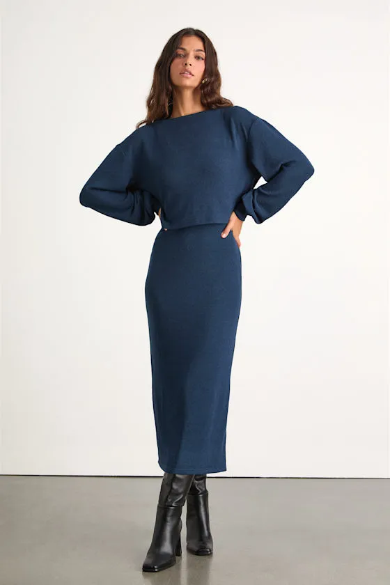 Marvelous Match Navy Knit Two-Piece Midi Dress & Sweater Set sold by Lulus