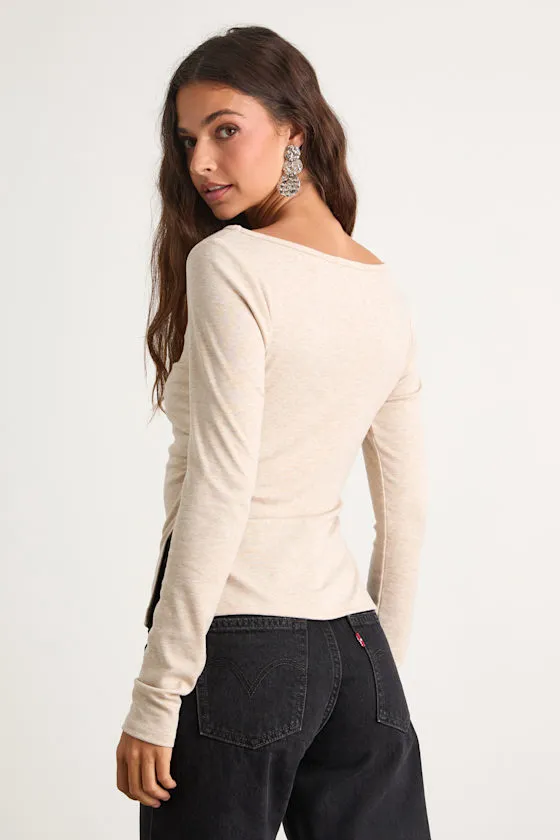 Mehra Heathered Beige Boat Neck Side Slit Long Sleeve Top sold by Lulus product image thumbnail 3