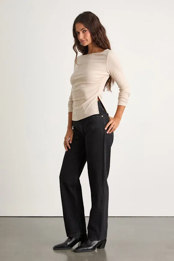 Mehra Heathered Beige Boat Neck Side Slit Long Sleeve Top sold by Lulus product image thumbnail 4