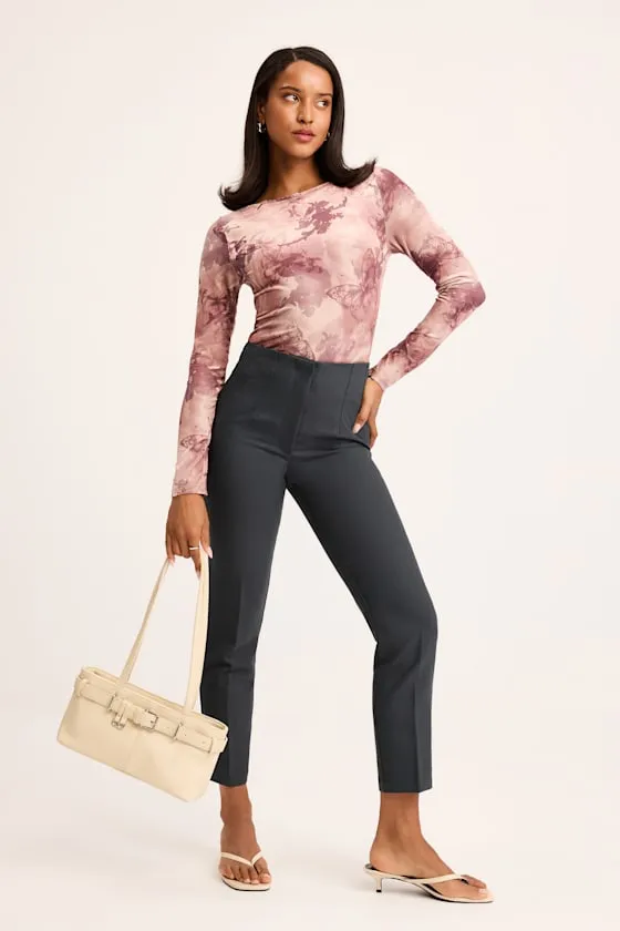 Cleo Dark Grey Tailored High-Rise Slim Leg Trouser Pants sold by Lulus