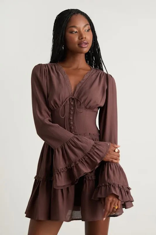 Ayaana Brown Long Sleeve Tiered Mini Dress sold by Lulus