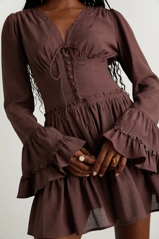 Ayaana Brown Long Sleeve Tiered Mini Dress sold by Lulus product image thumbnail 2