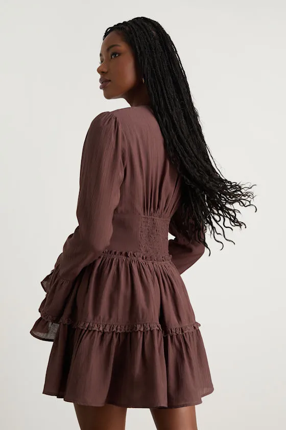 Ayaana Brown Long Sleeve Tiered Mini Dress sold by Lulus product image thumbnail 3