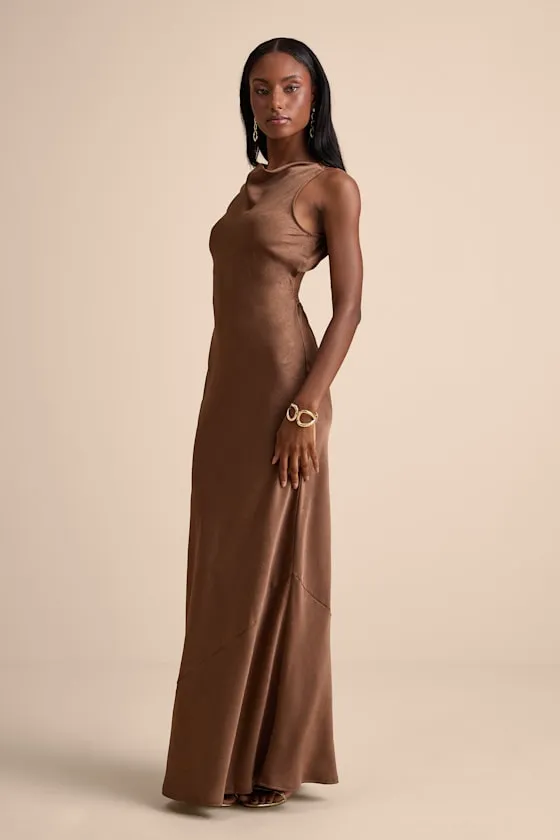 Alisha Brown Crinkle Satin Backless Maxi Dress sold by Lulus