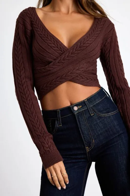 Feliya Brown Cable Knit Cross-Front Sweater Crop Top sold by Lulus