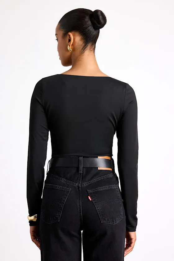 Naiari Black Slinky Knit Ruched Long Sleeve Bodysuit sold by Lulus product image thumbnail 2