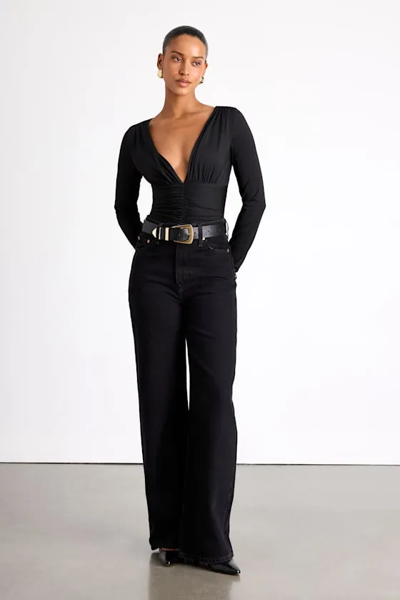 Naiari Black Slinky Knit Ruched Long Sleeve Bodysuit sold by Lulus product image thumbnail 3