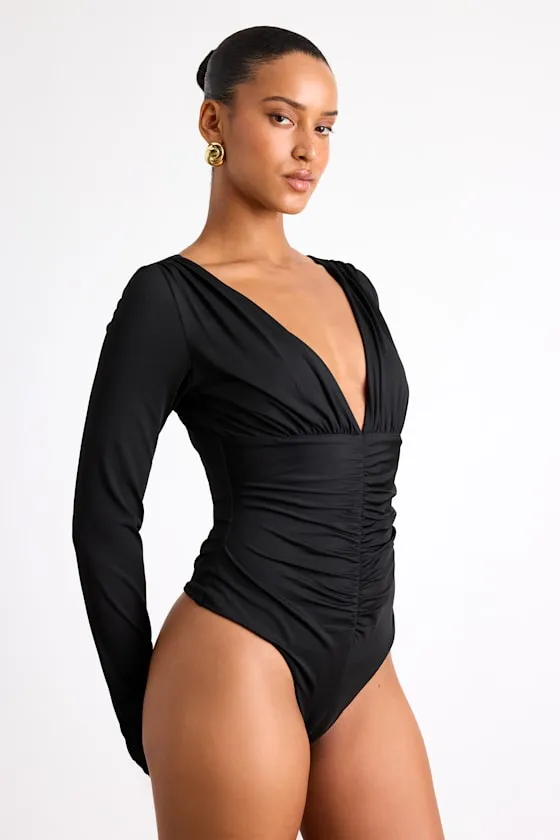 Naiari Black Slinky Knit Ruched Long Sleeve Bodysuit sold by Lulus product image thumbnail 4