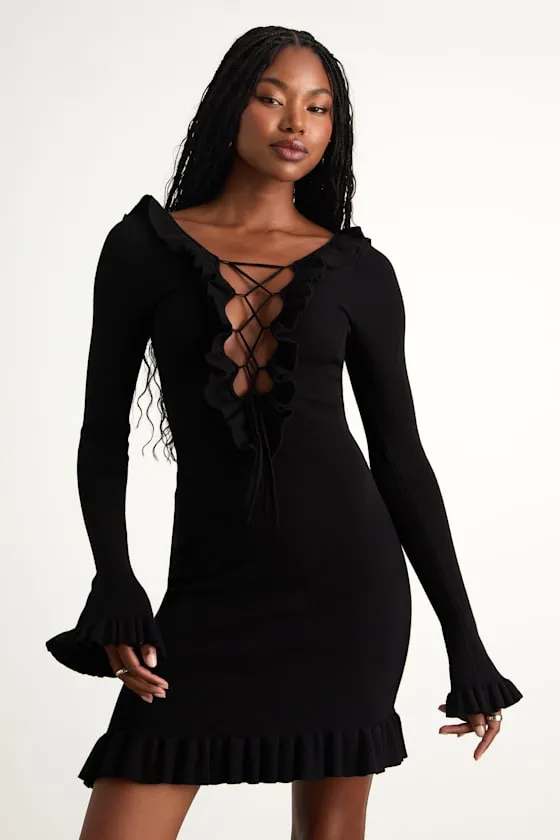 Haylea Black Ribbed Lace-Up Ruffled Sweater Mini Dress sold by Lulus